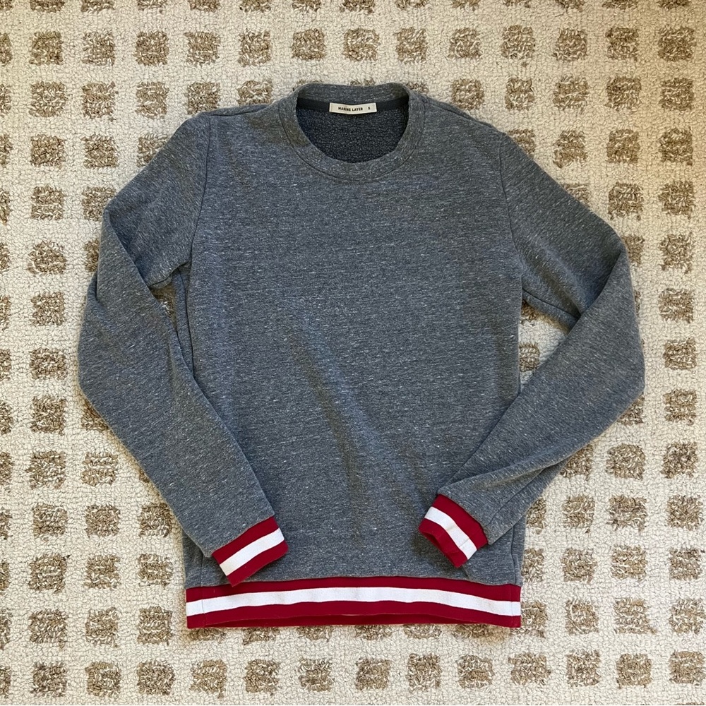 Marine Layer Gray Crew Neck Sweater with Red Accents